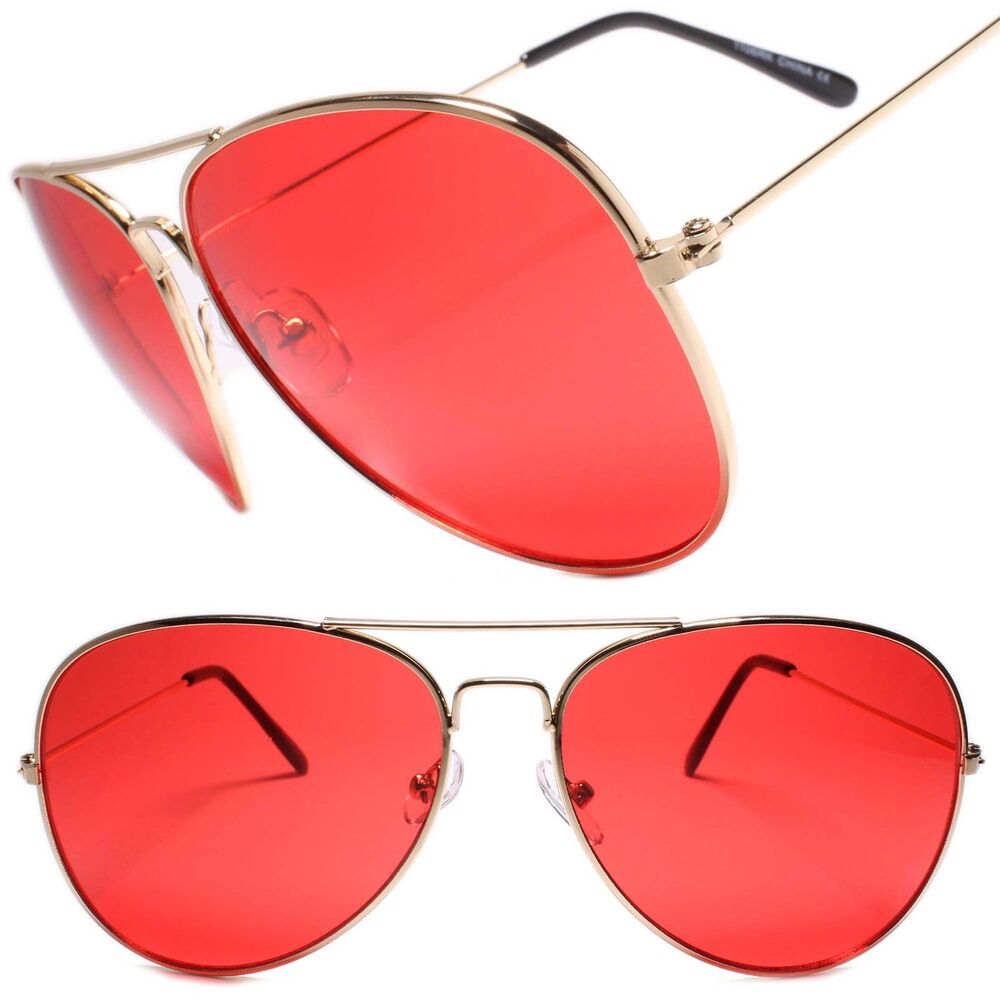 Classy Mens Womens Air Force Pilot Style Sun Glasses Unique Gold Frame Red Lens